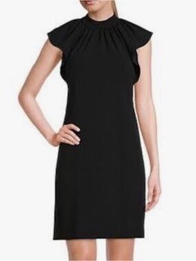 Calvin Klein Black Gathered Mock Neck Sheath Dress With Flutter Sleeve